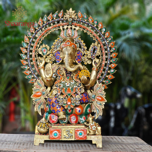 29 Inches Brass Ganesha Idol with Arch with Stone work.