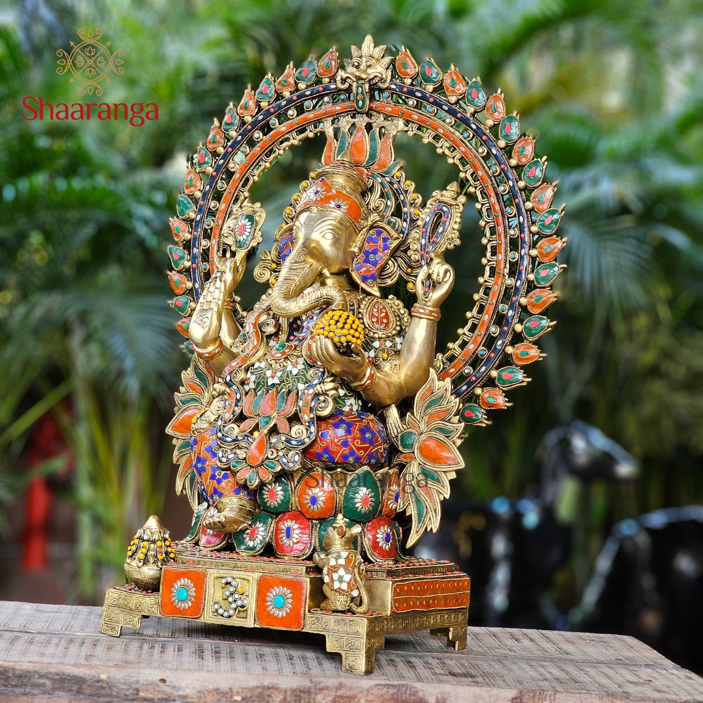 29 Inches Brass Ganesha Idol with Arch with Stone work.