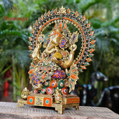 29 Inches Brass Ganesha Idol with Arch with Stone work.