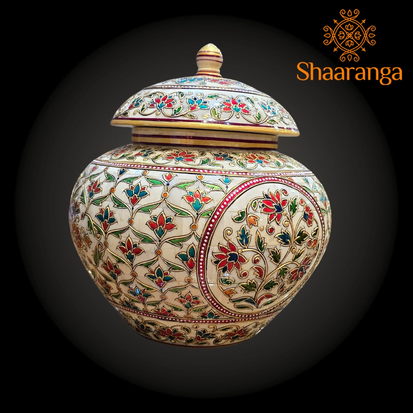 12 Inches Bone Decorative Pot with Embossed Meena painting work