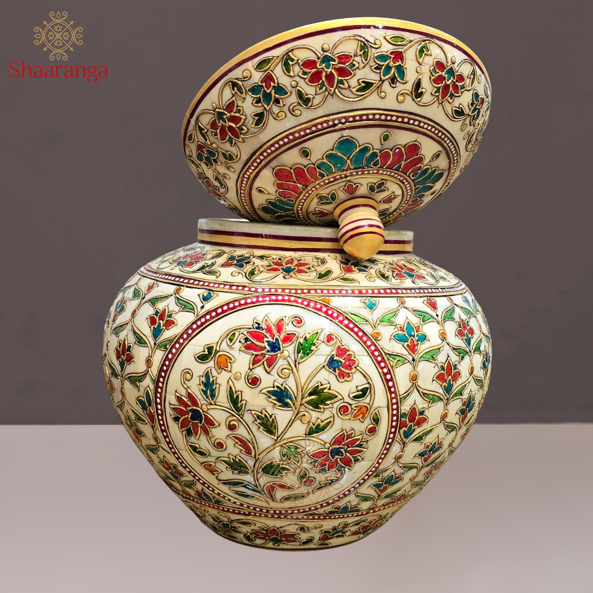12 Inches Bone Decorative Pot with Embossed Meena painting work