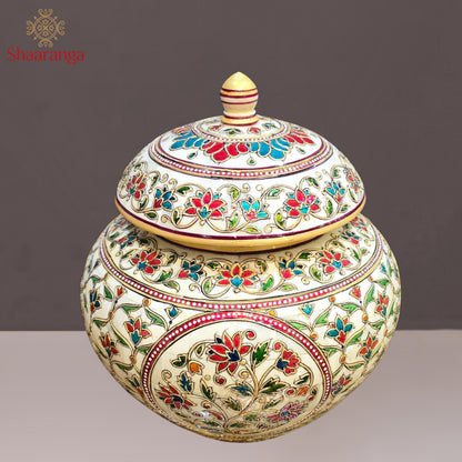 12 Inches Bone Decorative Pot with Embossed Meena painting work