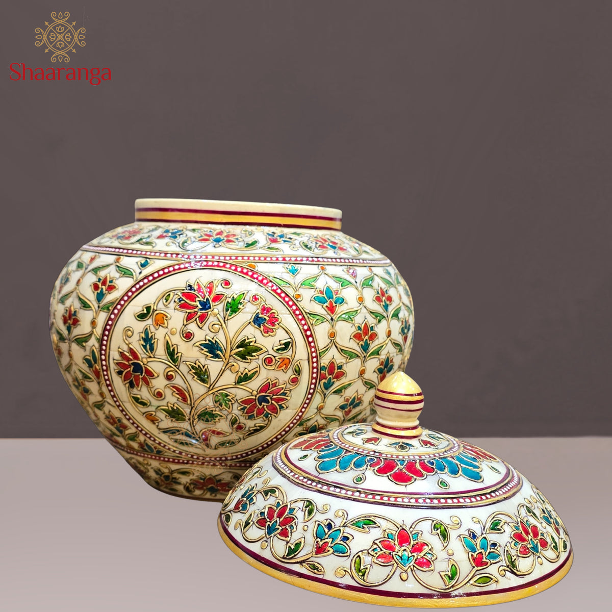12 Inches Bone Decorative Pot with Embossed Meena painting work