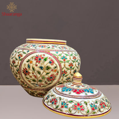 12 Inches Bone Decorative Pot with Embossed Meena painting work