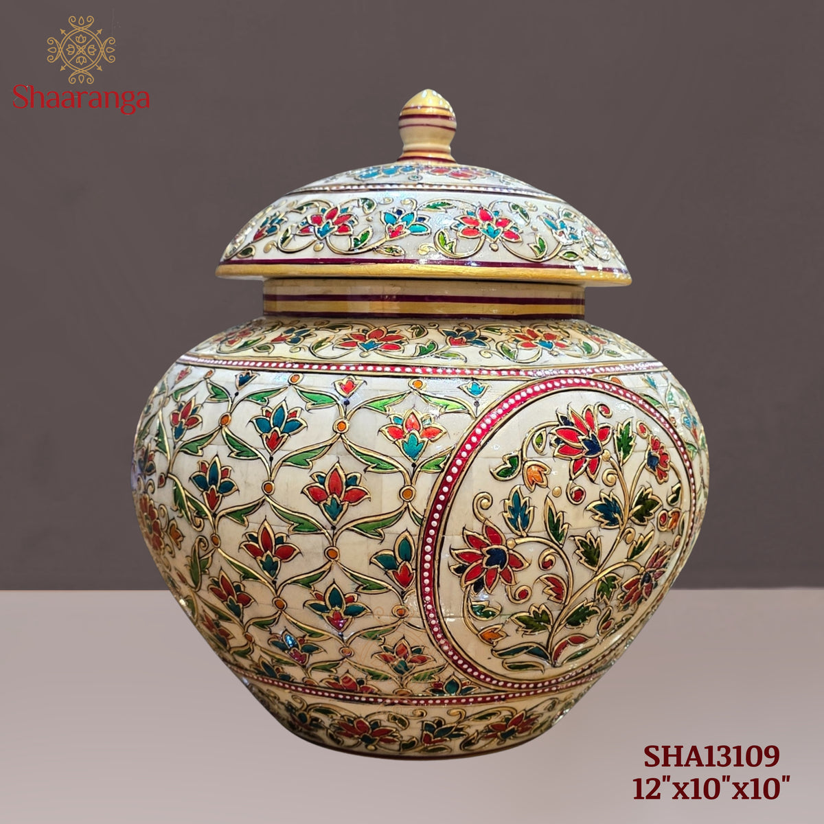 12 Inches Bone Decorative Pot with Embossed Meena painting work