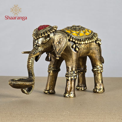 6 Inches Brass Bastar Art Elephant Diya Yellow & Red Color