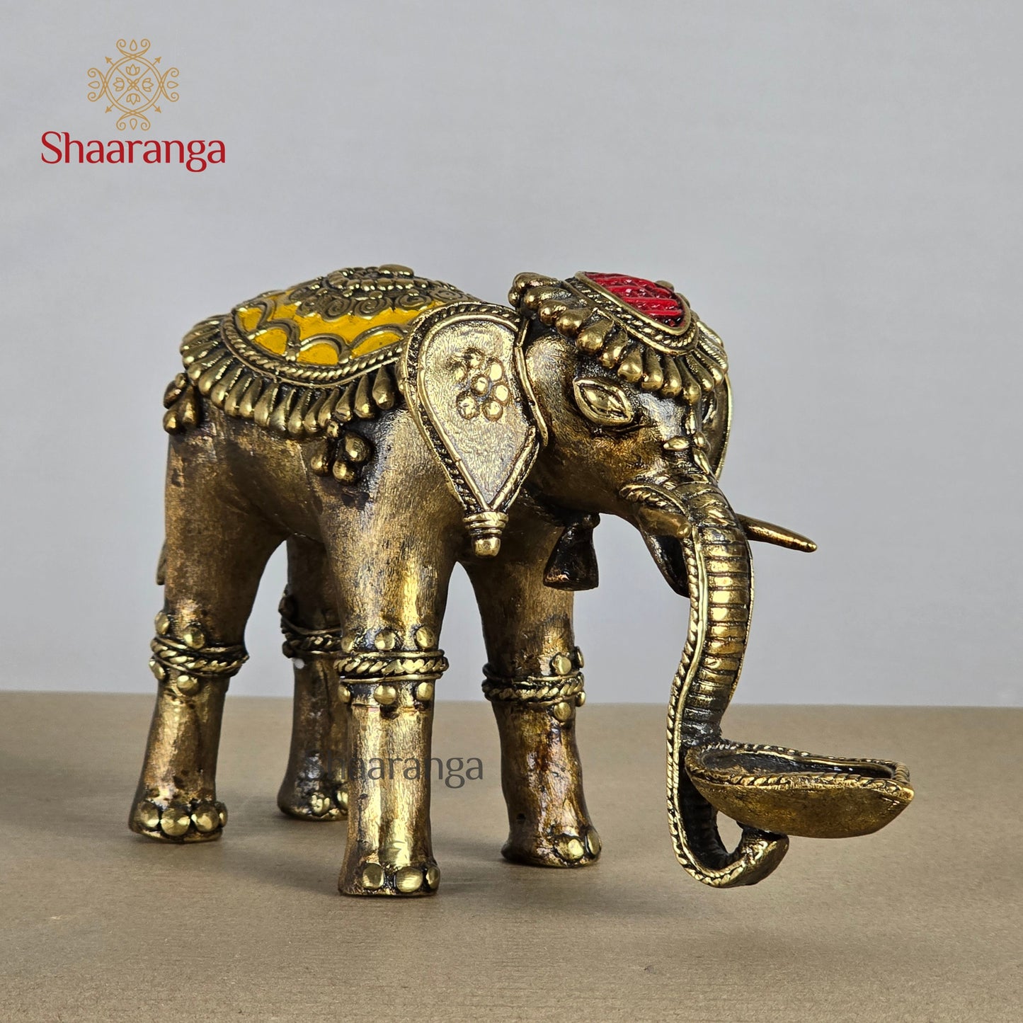 6 Inches Brass Bastar Art Elephant Diya Yellow & Red Color