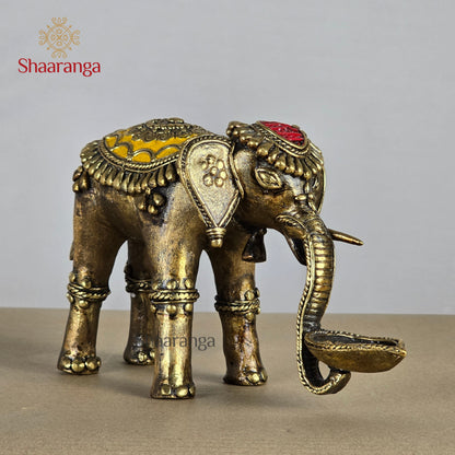 6 Inches Brass Bastar Art Elephant Diya Yellow & Red Color