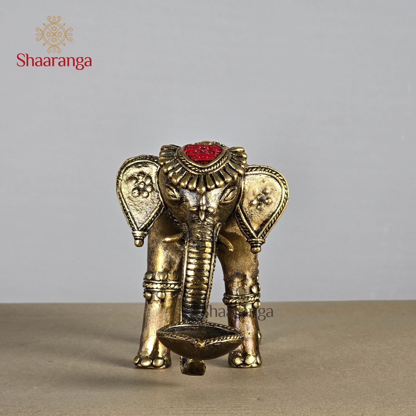 6 Inches Brass Bastar Art Elephant Diya Yellow & Red Color
