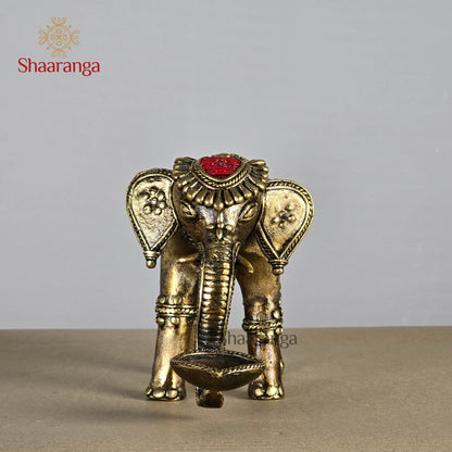 6 Inches Brass Bastar Art Elephant Diya Yellow & Red Color