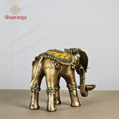6 Inches Brass Bastar Art Elephant Diya Yellow & Red Color