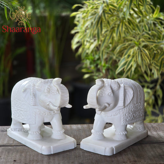 10.5 Inches Marble  Elephant set, trunk up Idol - 2 Pcs Set