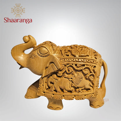 4.5 Inches Wooden Elephant with Shikar Carving – A Compact Expression of Tribal Art