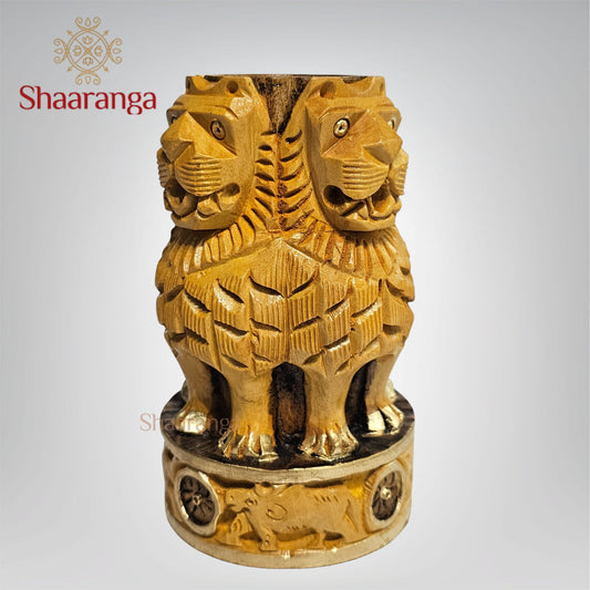 5 Inches Wooden Ashoka Pillar Design Pen Stand