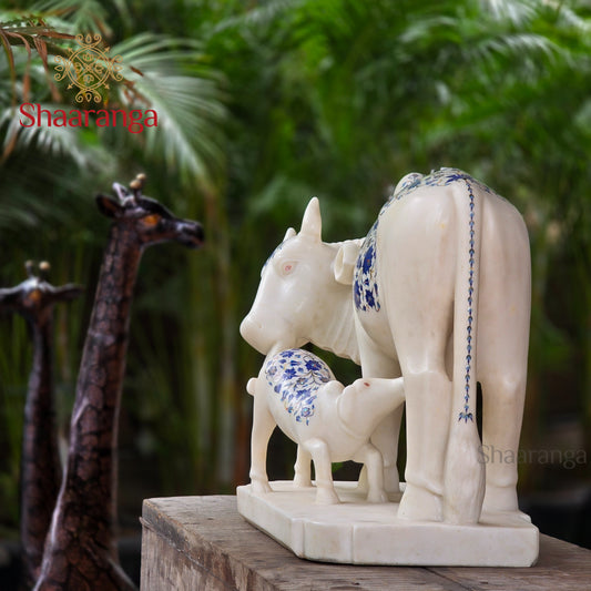 18 Inches Marble Cow & Calf with special inlay work