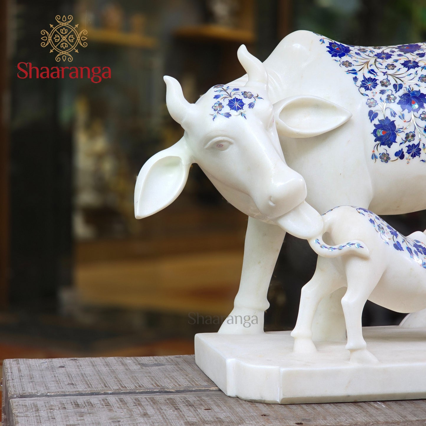 18 Inches Marble Cow & Calf with special inlay work