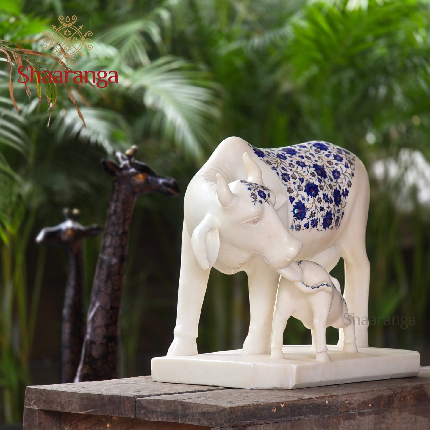 18 Inches Marble Cow & Calf with special inlay work