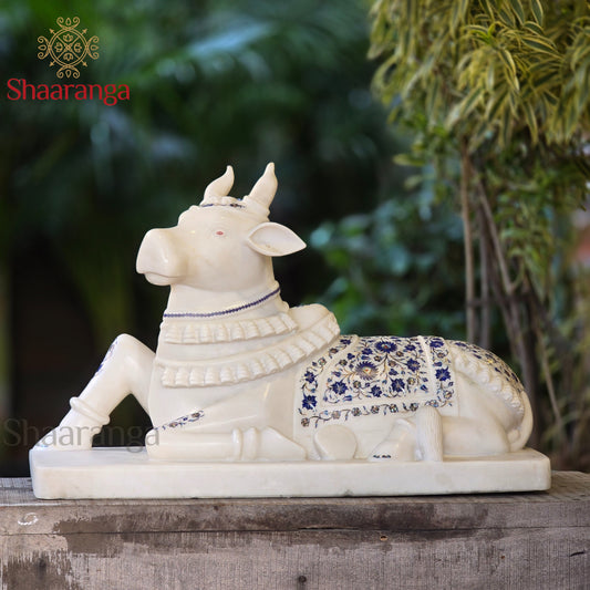 18 Inches Marble Nandi Statue with special inlay work