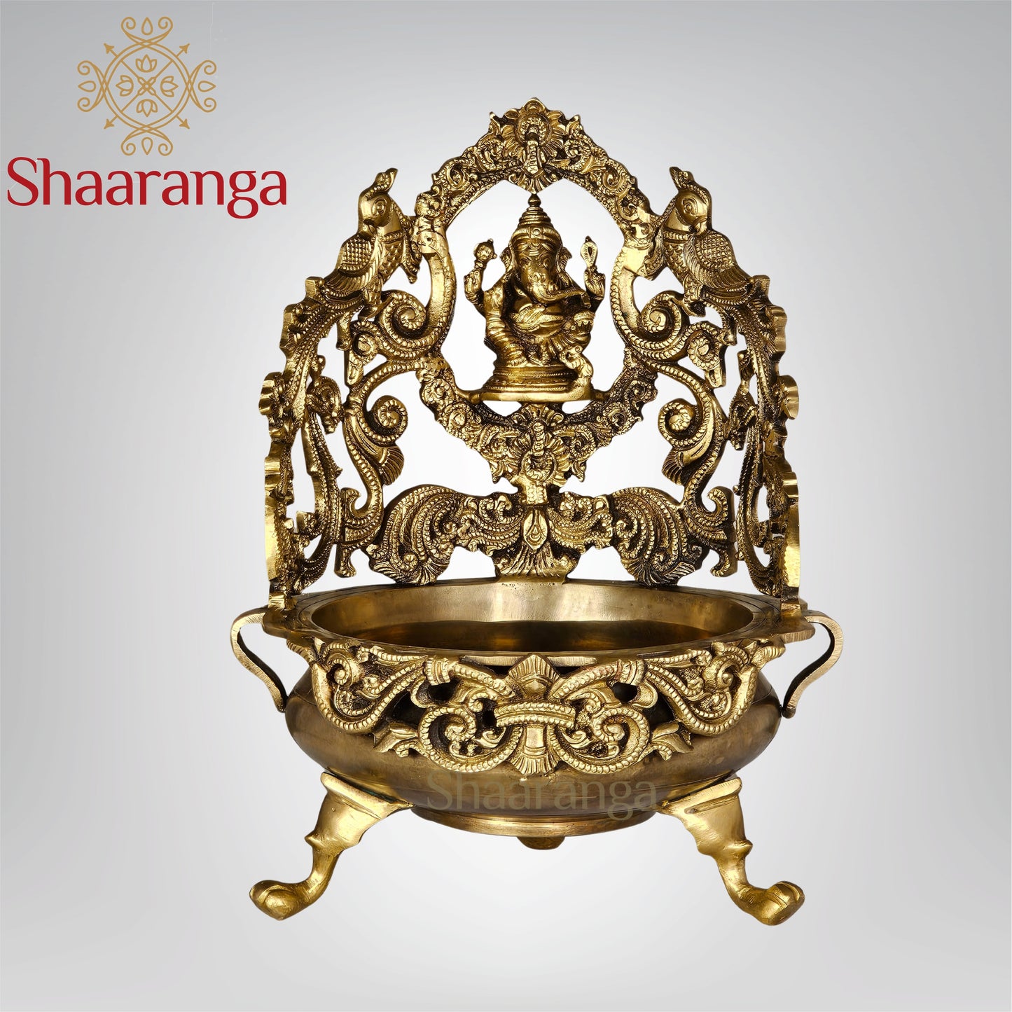 13 Inches Bronze Ganesh Urli with Intricate Peacock Design