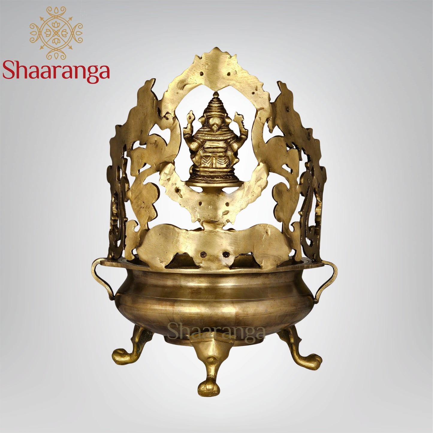 13 Inches Bronze Ganesh Urli with Intricate Peacock Design