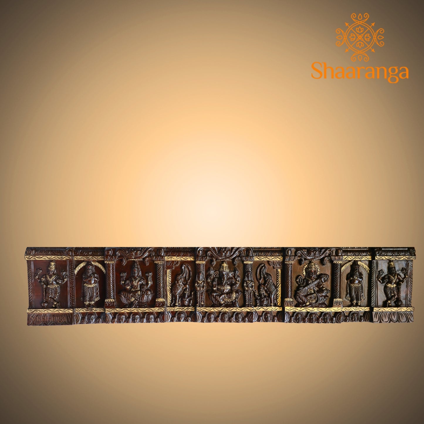 48 Inches wooden wall panel featuring Lakshmi Devi, Lord Ganesha, and Saraswati Devi