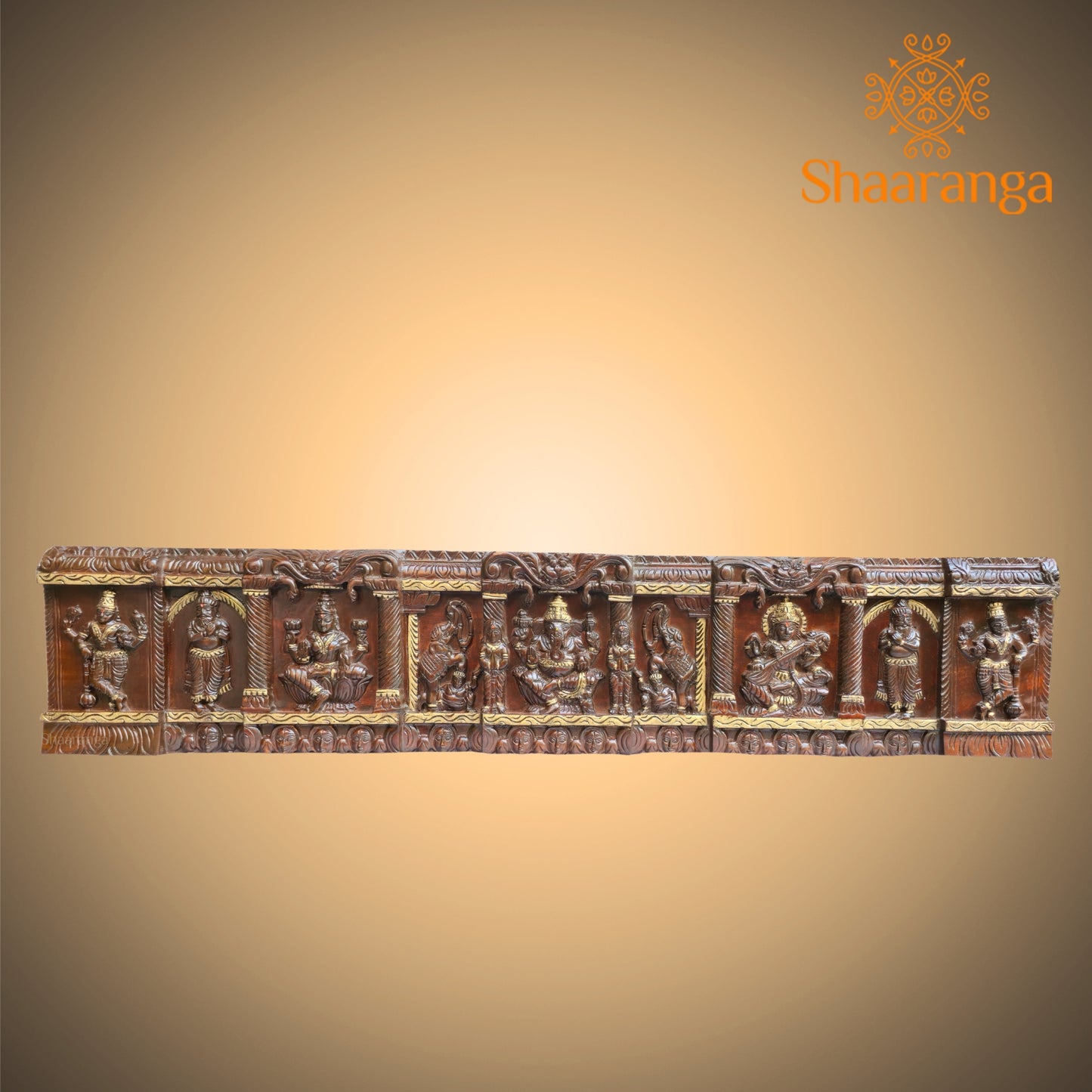 48 Inches wooden wall panel featuring Lakshmi Devi, Lord Ganesha, and Saraswati Devi
