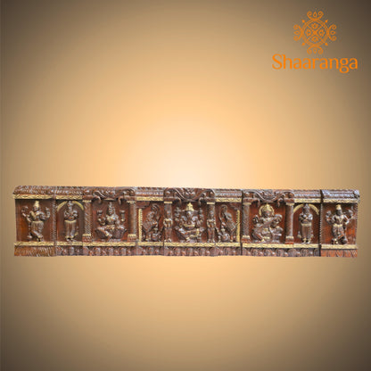 48 Inches wooden wall panel featuring Lakshmi Devi, Lord Ganesha, and Saraswati Devi
