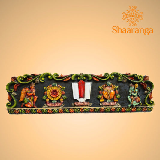 wooden painted panel of Shanku–Chakra–Namam 12 x 41 inches