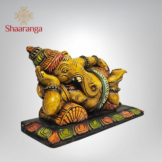 9.5 Inches wooden Relaxing Ganesha with Vibrant Painted Finish
