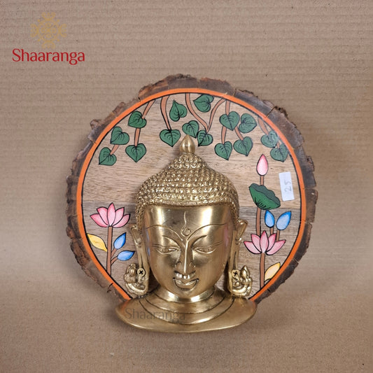9 Inches Brass Budha With Round Wooden Frame