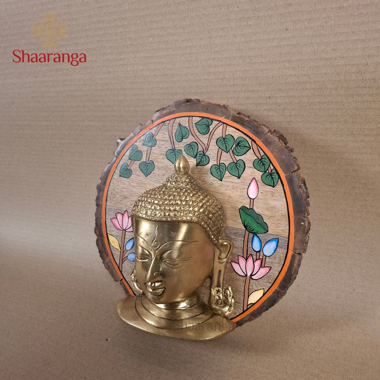 9 Inches Brass Budha With Round Wooden Frame