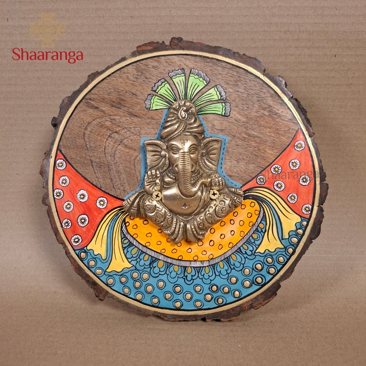 9 Inches Brass Pagdi Ganesha With Round Wooden Frame