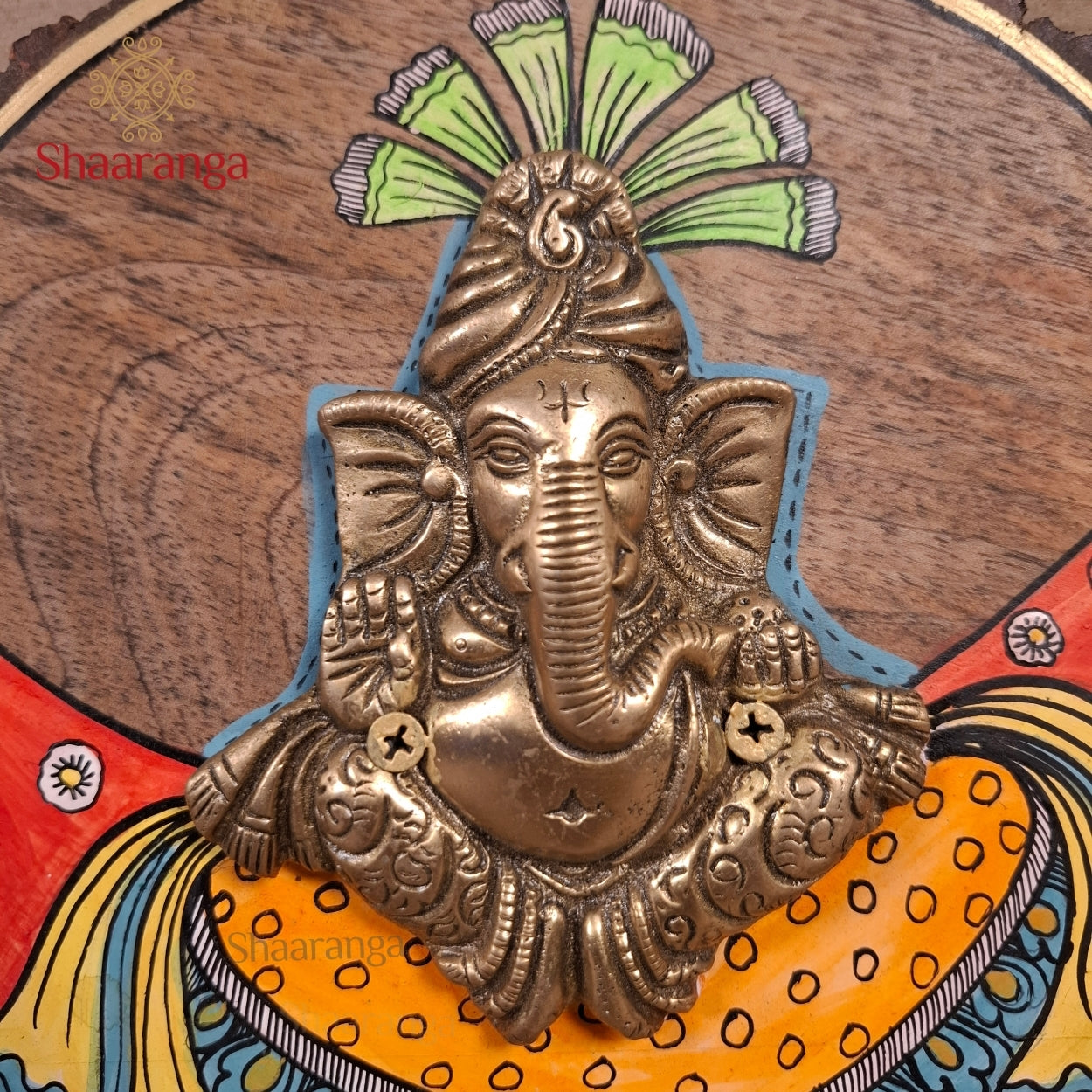 9 Inches Brass Pagdi Ganesha With Round Wooden Frame
