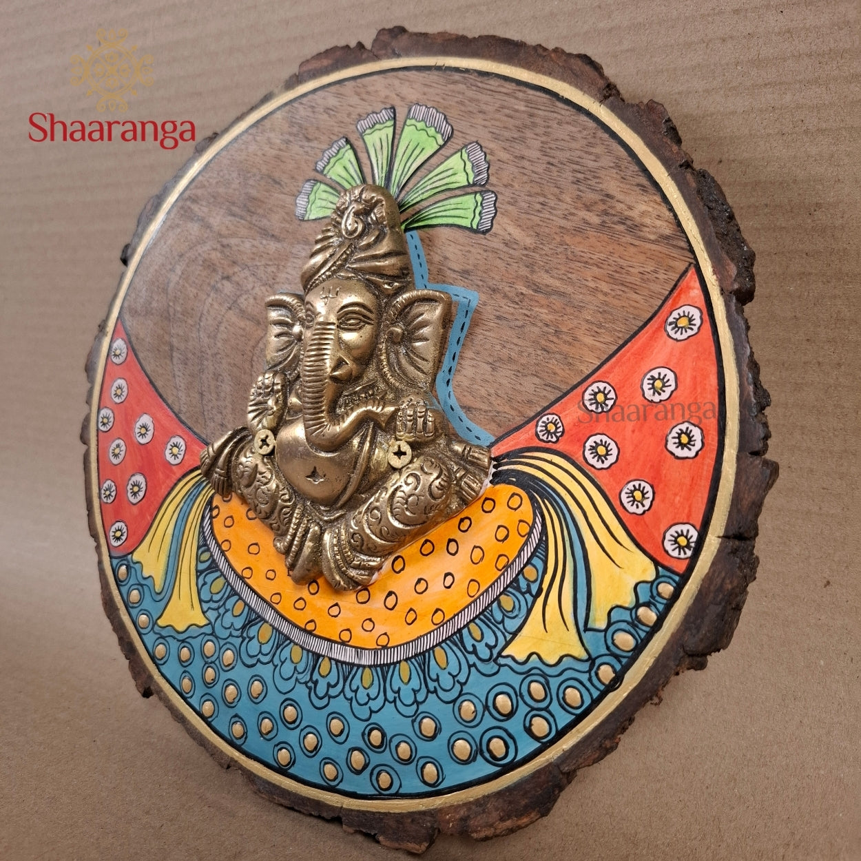 9 Inches Brass Pagdi Ganesha With Round Wooden Frame