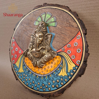 9 Inches Brass Pagdi Ganesha With Round Wooden Frame