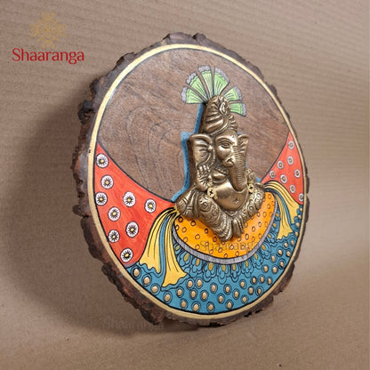 9 Inches Brass Pagdi Ganesha With Round Wooden Frame