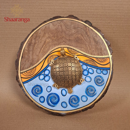 9 Inches Brass Tortoise With Round Wooden Frame