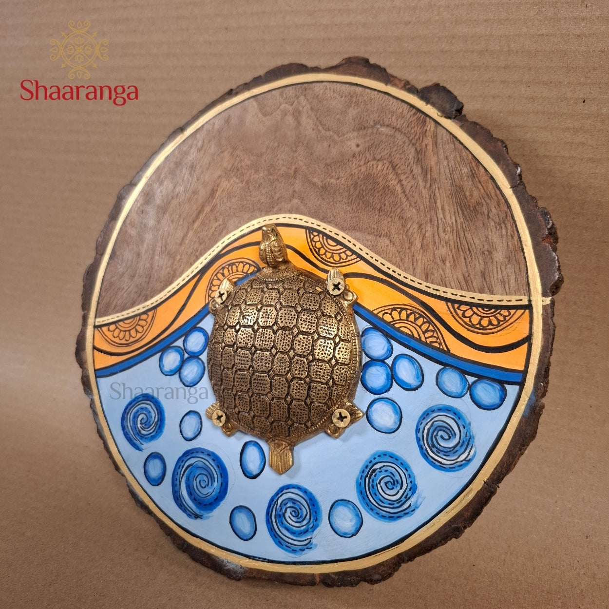9 Inches Brass Tortoise With Round Wooden Frame