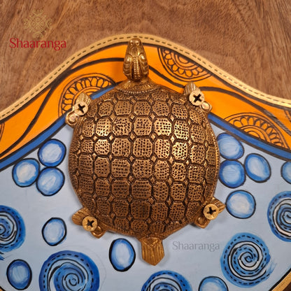 9 Inches Brass Tortoise With Round Wooden Frame