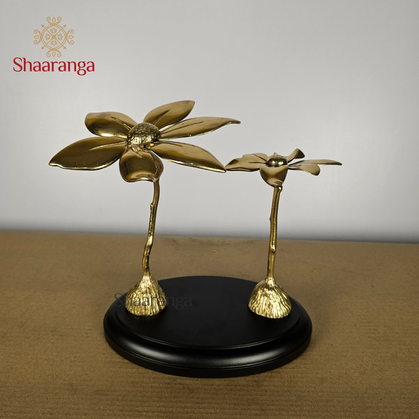 9.5 Inches Brass Two Flower with Wood Base