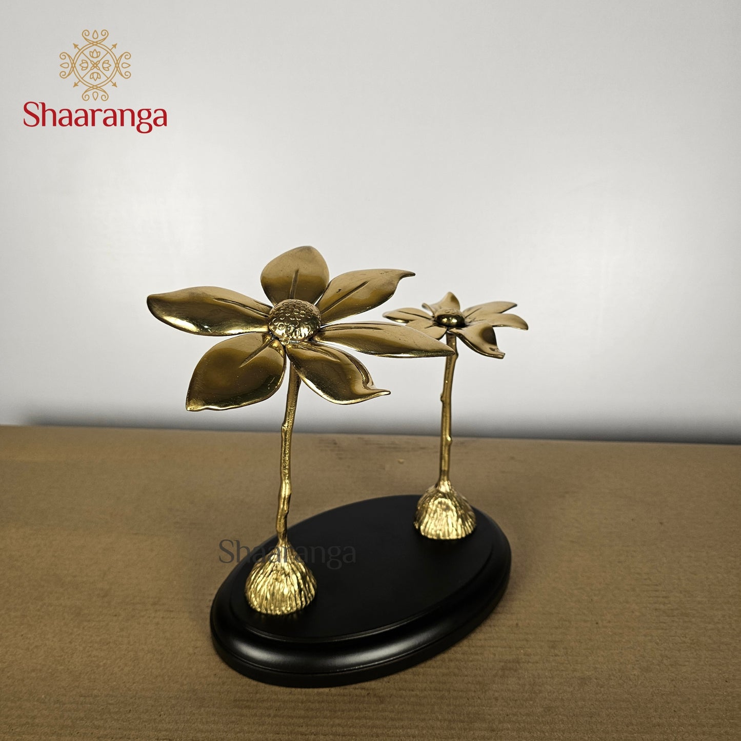 9.5 Inches Brass Two Flower with Wood Base