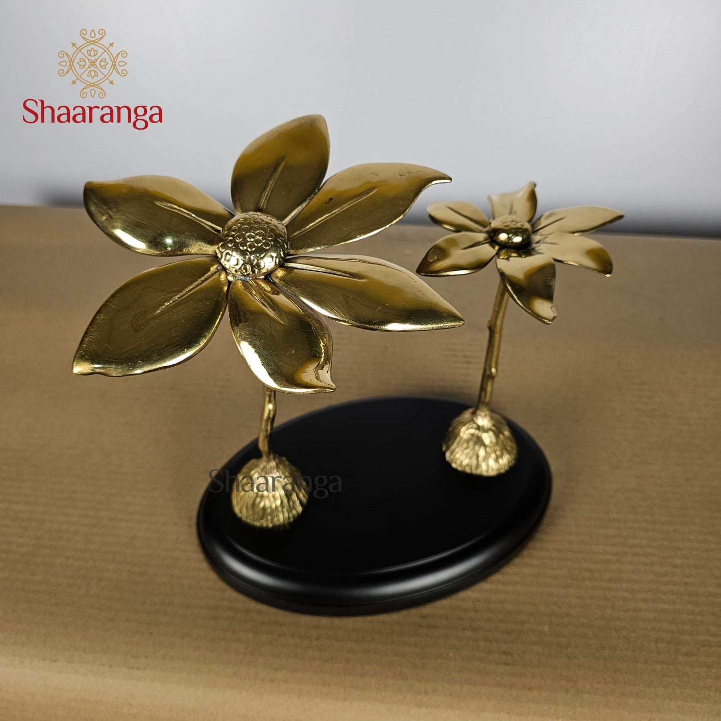 9.5 Inches Brass Two Flower with Wood Base