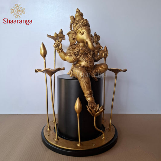 19 Inches Brass Ganesha Seated in Lotus Aura