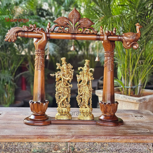 26.5 Inches Brass Radha Krishna With Teakwood Flute Arch
