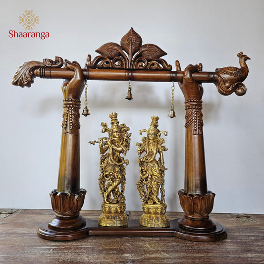 26.5 Inches Brass Radha Krishna With Teakwood Flute Arch