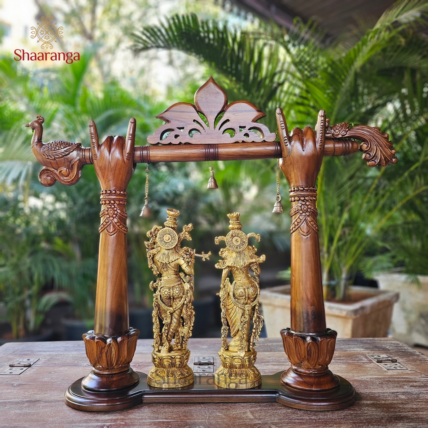 26.5 Inches Brass Radha Krishna With Teakwood Flute Arch