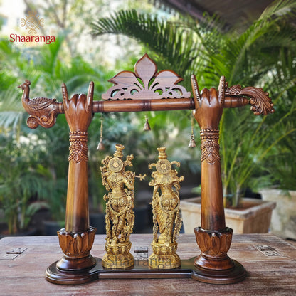 26.5 Inches Brass Radha Krishna With Teakwood Flute Arch