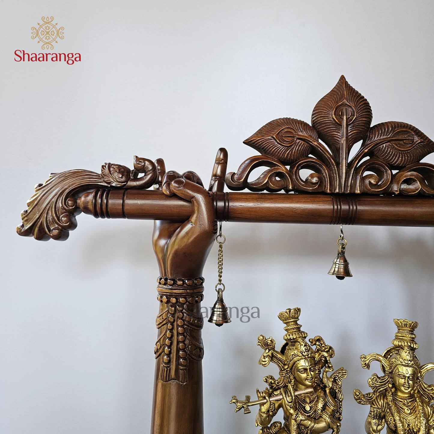 26.5 Inches Brass Radha Krishna With Teakwood Flute Arch