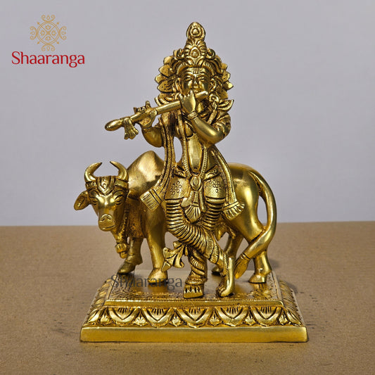 7 Inches Brass Gold Cow Krishna Idol - Premium Handcrafted Deity Sculpture