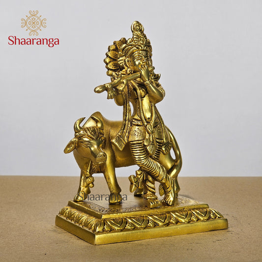 7 Inches Brass Gold Cow Krishna Idol - Premium Handcrafted Deity Sculpture